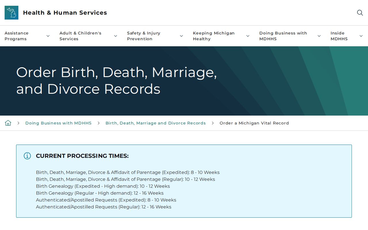 Norton Shores resident lookup Michigan vital records order page